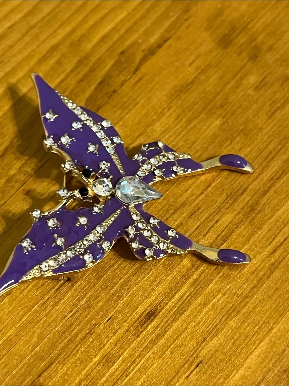 Purple monarch butterfly brooch gold tone purple enamel rhinestones 1 1/2”